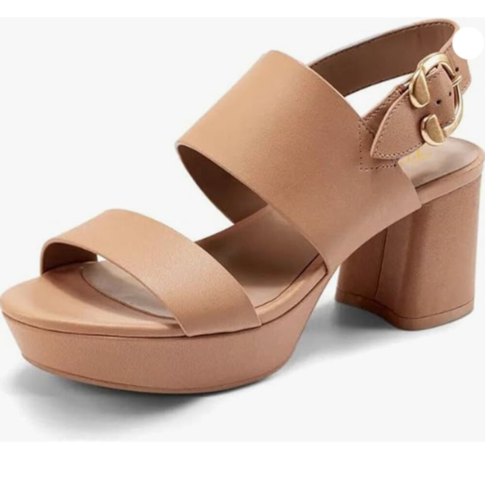 FOWT Women Open Toe Platfrom Sandals Chunky Mid Heel Slingbacks Light Brown